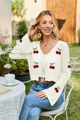 Image of Balimtoy Women Tie Front Cardigan Crochet Sweater Crop Tops Cute Bell Long Sleeve Knit Shrug Beach Vacation Cover Up