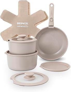Jogo de Panelas Brinox Ceramic Life Fit 10 Peças Cabo Removível Areia