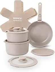 Brinox - Jogo de Panelas Antiaderente Ceramic Life 10 Peças Cabo Removível Fit - Areia