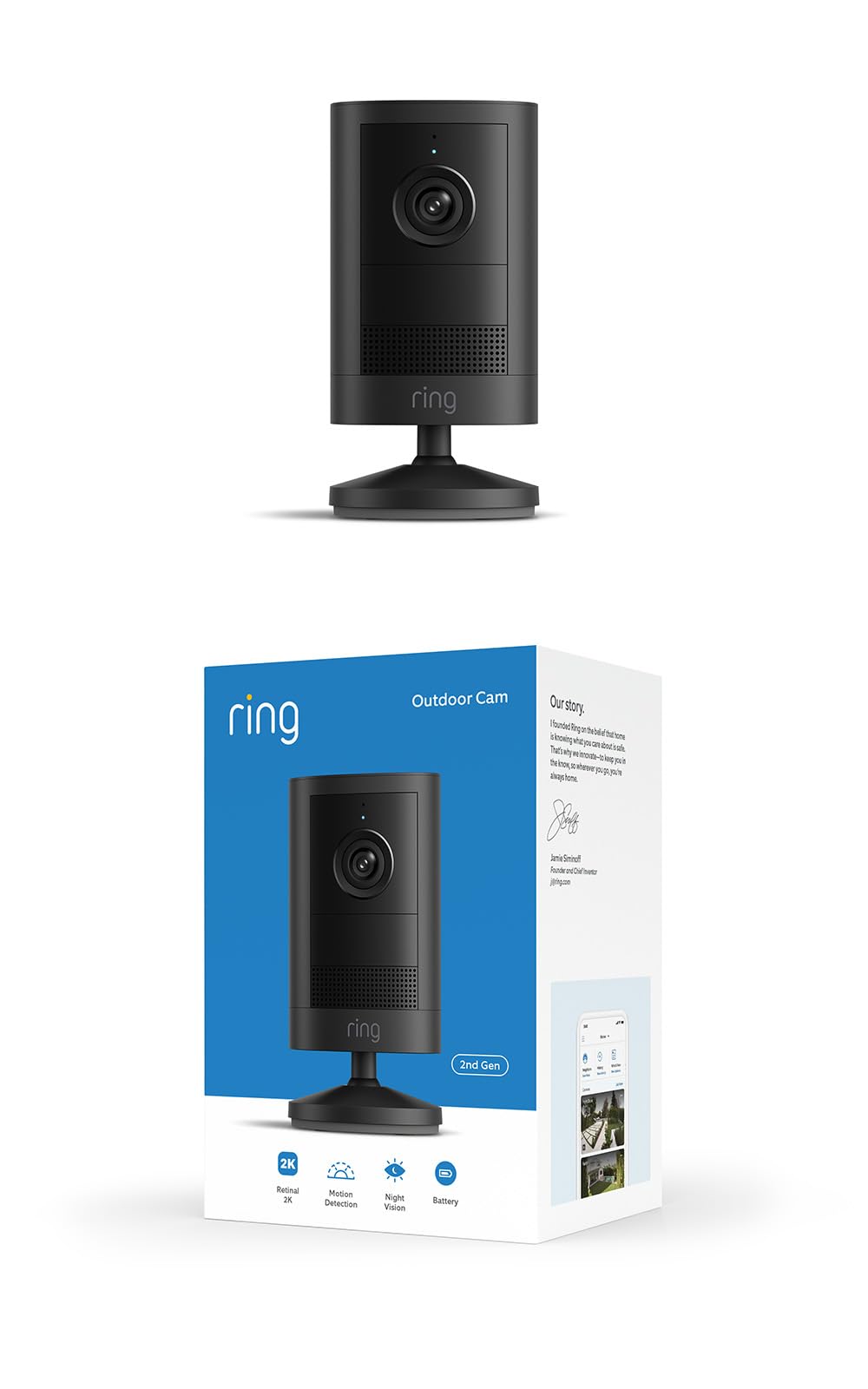 Ring Outdoor Cam 2K (newest model), Battery, Home or business security, Wide-Angle Retinal 2K Video, 6x Enhanced Zoom, Night Vision, Black