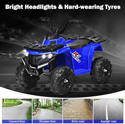 GYMAX Kids Electric Quad Bike, 6V Battery Powered Toy Car with Music, Story, Headlights, USB/MP3/AUX, Forward & Backward, Children Electric ATV for 3 Years Old + Boys Girls (Blue)