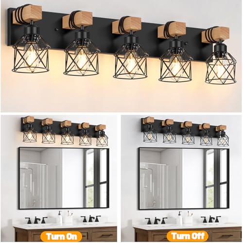 Image of FadimiKoo 5-Light Wooden Black Bathroom Light Fixtures, Rustic Style Vanity Wall Sconces Lighting with Metal Cage, Farmhouse Bathroom Lights Wall Mount for Bedroom, Living Room, Entrance