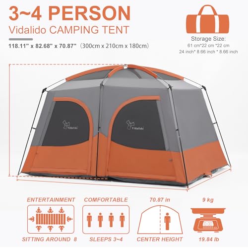 Vidalido Tents,3-4 Person Camping Tent with Extended Vestibule,Weather Resistant Family Tents with Breathable Mesh Windows,Easy Install Waterproof Outdoor Tent for Backpacking and Camping Hiking