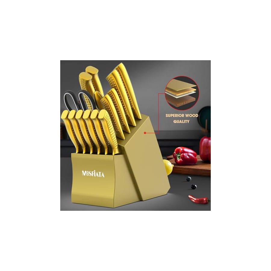 MOSFiATA Kitchen Knife Set, 17 Pcs Japanese Stainless Steel Knife Sets for Kitchen with Block with Knife Sharpening Rod, Dishwasher Safe, Gift Set,Titanium Plated Knife Block Set