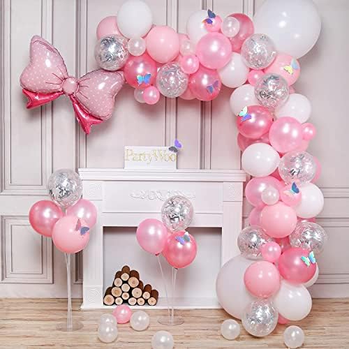 PartyWoo Pink Balloons, 100 pcs Pack of Pink Balloons, Pastel Pink Balloons, Silver Glitter Balloons, White Balloons, Bow Tie Foil Balloon and Laser Butterflies for Girl Baby Shower, Girl Birthday