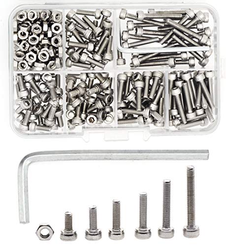 300 Pcs Metric M3 Stainless Steel Hex Socket Head Cap Screws Nuts Assortment Kit(6,8,10,12,16,20mm), Allen Wrench Drive (Silver)