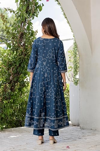 Image of Rangnavi Women's Cotton Trending Anarkali Embroidered Kurta with Pants and Dupatta Set | Ethnic Set (Blue)