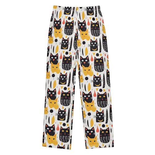 Cute Black Cats and Yellow Cats Pajamas Bottoms with Pockets Comfy Pjs Sleepwear Elastic Waistband Pajamas Pants Lounge Pants for 6-14 Years