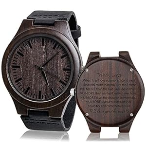 Custom Engraved Mens Vintage Analog Quartz Wooden Wrist Watches Handmade Casual Men Husband Watch with Cowhide Leather Strap Personalized Gifts for Men Husband Boyfriend Birthday