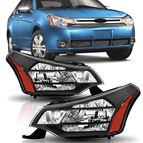ISHARINGAUTOPARTS Headlights Assembly Compatible with 2008 2009 2010 2011 Ford Focus S SE SES SEL Halogen Headlamp Replacement Black Housing Amber Driver and Passenger Side