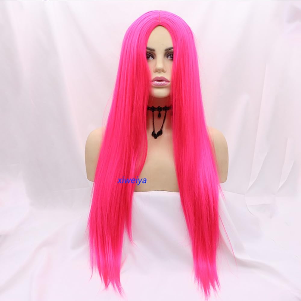 xiweiya Long Hot Red Silky Straight Synthetic Wigs Neon Pink Wigs Middle Part Heat Resistant Fiber Half Hand Tied Wig For Women 24inch