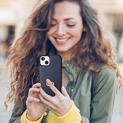 Vunake for iPhone 14 Case with Card Holder Wallet Case with Ring Kickstand PU Leather Phone Case for Women Girls TPU Shockproof Bumper Case RFID Blocking Protective Case Cover for iPhone 14 - Navy