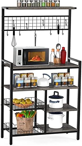 Bakers Rack Kitchen Storage Rack with Wire Basket Microwave Oven Stand Kitchen Shelf Organizer Rack with 10 S Hooks Coffee Bar Station Utility Storage Shelf for Dishes, Spices, Pots and Pans