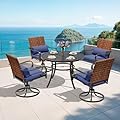 MELLCOM 5-Piece Outdoor Dining Set, 4 Swivel Leather-Look Chairs with Lumbar Pillows & 42'' Round Dining Table with Umbrella Hole, Patio Furniture Set for Porch, Blue