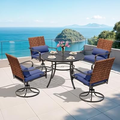 MELLCOM 5-Piece Outdoor Dining Set, 4 Swivel Leather-Look Chairs with Lumbar Pillows & 42'' Round Dining Table with Umbrella Hole, Patio Furniture Set for Porch, Blue