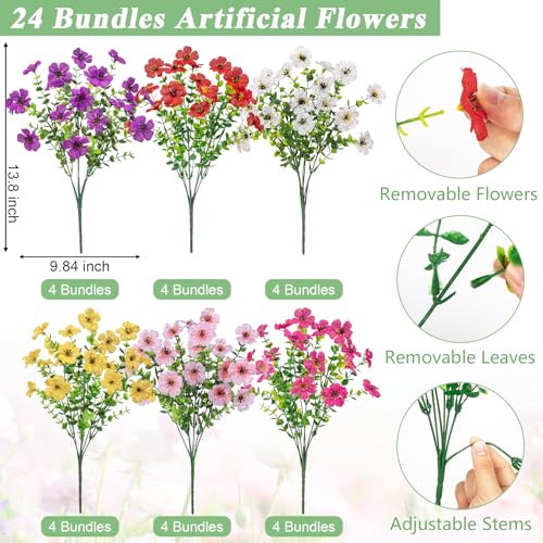 Image of Bassion 24 Bundles Artificial Flowers for Outdoors Fake Flowers, Mixed | UV resistant, silk flowers, realistic faux plants for outdoor planter, window box porch patio garden home outside decor