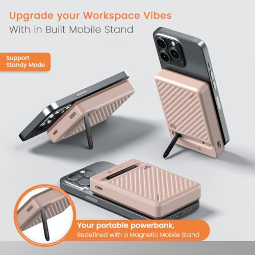 Image of Portronics Chyro 10000mAh Magnetic Wireless Fast Charging Powerbank with MagSafe Mobile Stand,in-Built Type C Cable,20W Max Output for iPhone 12 & Above, Android & Other Qi Enabled Devices(Mocha)