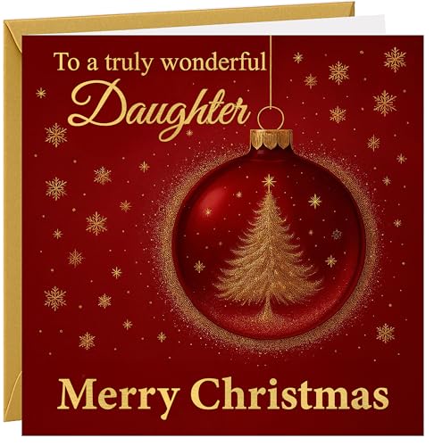 Christmas Card For Daughter Christmas Greetings Card To Daughter Metallic Red with Gold Foil Xmas Tree Decoration Bauble Design For Her