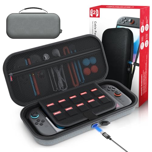 Auarte [Charge Inside Carrying Case for Switch 2 Console (2025)/OLED-Grey | Slim Hard Portable Travel Carry Case Bag for Switch 2 Accessories with 10 Game Card Storage
