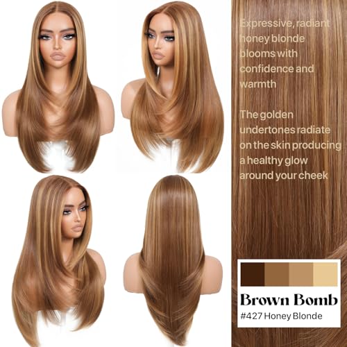 Wear and Go Glueless Wigs Pre Plucked Pre Cut for Beginners Honey Blonde Synthetic Lace Front Wigs For Woman Long layered straight Wigs with bangs 427 middle part wig 26 Inch - Image 4