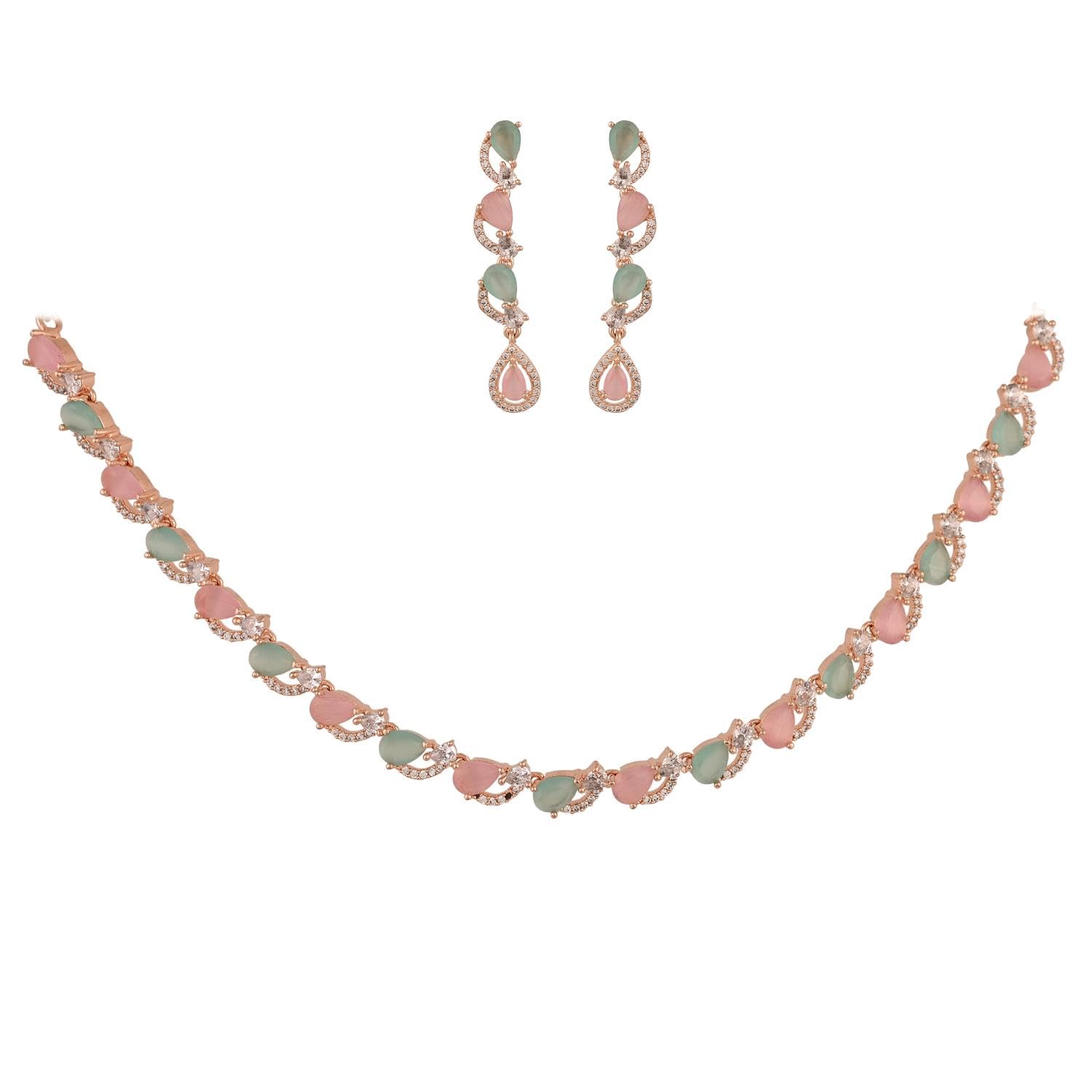 Ratnavali Jewels Brass Rose Gold Plated American Diamond Cubic Zirconia Ad Multi Necklace Jewellery Set With Dangler Earrrings For Women/Girls (Pink Mint) (B0CBKY3YV7) Amazon Price History, Amazon Price Tracker