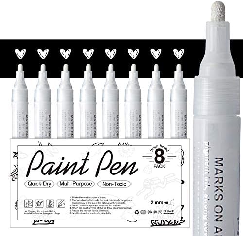 White Paint Pen for Art - 8Pack Acrylic White Paint Marker for Rock Painting, Stone, Wood, Canvas, Glass, Metal, Metallic, Ceramic, Tire, Graffiti, Paper, Drawing, Highlight Water-Based Paint Sets