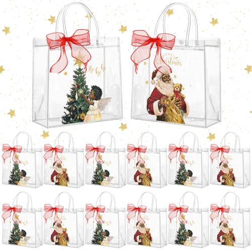 Motipuns 24 Pcs Clear PVC Gift Bags with Handles and Ribbon Party Favor Reusable Plastic Goodie Candy Treat Bags for Birthday Party Supplies(Black Santa Claus)