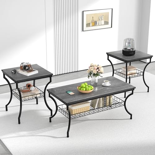 VECELO 3 Pieces Living Room Table Sets, Coffee and End Tables with Open Storage Shelves for Apartment, Home Office, Small Space, Easy Assembly, Dark Grey by VECELO - Used condition - US$97.85