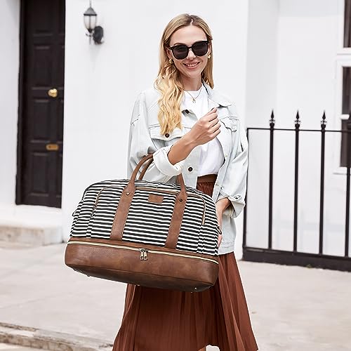 CLUCI Duffle Bag Weekender Bags for Women Canvas Anti Theft Travel Bag for Women Overnight Tote Carry On Bags with Shoe Compartment Stripes with Brown2
