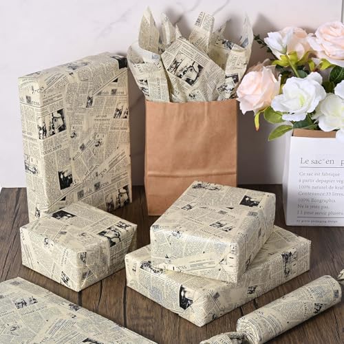 Bolsome 100 Sheets 20 * 14 Inches Vintage Newspaper Tissue Paper for Gift Wrapping Black White Newsprint Tissue Paper for Gift Bags for Birthday Wedding Anniversary DIY Craft (Yellow)