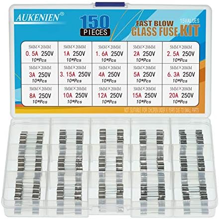 AUKENIEN 15 Value 150 Pcs 0.5A 1A 1.6A 2A 2.5A 3A 3.15A 4A 5A 6.3A 8A 10A 12A 15A 20A Amp 250V Fuses 5x20mm Fast Blow Glass Fuse Assortment Kit for Protecting Eectrical Euipment