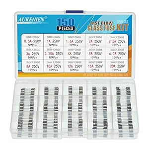 AUKENIEN 15 Value 150 Pcs 0.5A 1A 1.6A 2A 2.5A 3A 3.15A 4A 5A 6.3A 8A 10A 12A 15A 20A Amp 250V Fuses 5x20mm Fast Blow…