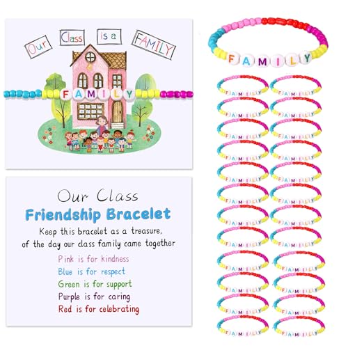 XunYee 24 Sets Back to School Gifts for Student Include Our Class Is a Family Greeting Card and First Day of School Bracelet with Bags Letter Bracelet for 1st Day of Classroom (Family)