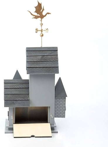 Miniatura 5 de Wind & Weather Castillo gótico para pájaros con veleta de dragón de metal, casa para pájaros funcional, panel trasero fácil de limpiar,