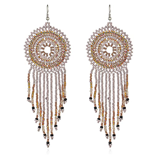 Handmade Long Fringe Drop Dangle Statement Earrings for Women Girls Acrylic Boho Ball Beads Round Hoop Tassel Chain Beaded Woven Chandelier Tribal Exaggerated Dream-catcher Ear Piercing Hook Jewelry