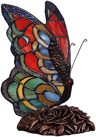Bieye L30525 Butterfly Tiffany Style Stained Glass Accent Table Lamp Night Light for Bedside Bedroom Living Room, 9-inch Tall