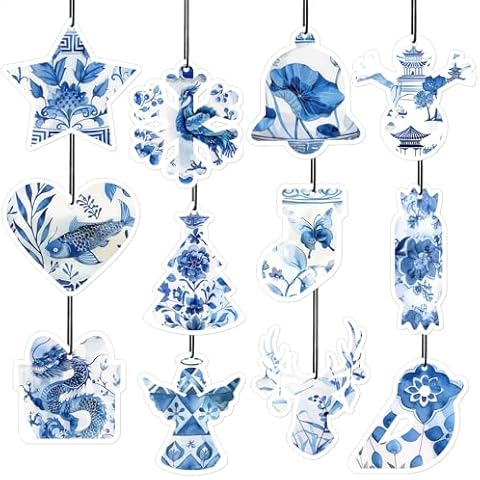 Linyuthia 24 Pcs Scented Christmas Chinoiserie Ornaments Blue and White Porcelain Wooden Ornaments Hanging Car Air Fresheners Bulk Xmas Tree Teapot Bird Decoration for Home Holiday Gifts(National) Cover