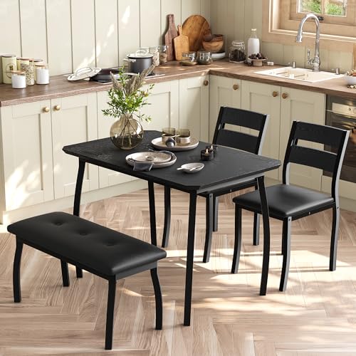 GAOMON Dining Table Set for 4, Wooden Kitchen Table with Upholstered Bench & 2 Cushion Chairs, Space-Saving Dinette Set for Studio, Kitchen, Dining Room, Apartment(43''x28''x30''), Black