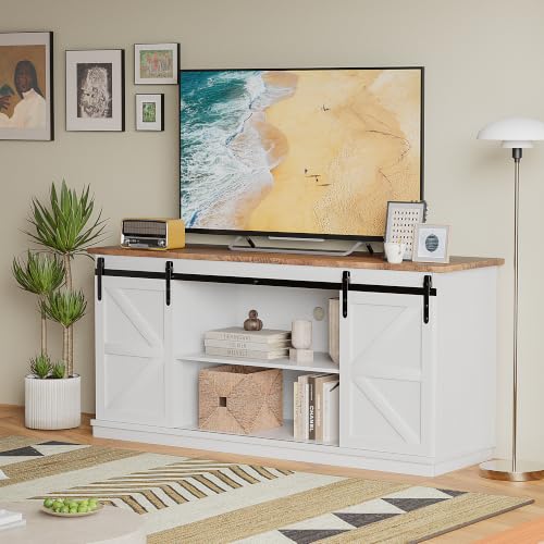 Image of JUMMICO TV Stand for 65 Inch TV, Sliding Barn Doors, White