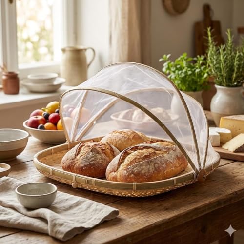 Image of Bamboo Tent Basket Food Serving, Mesh Cover, Hand Woven Insect Bug Proof, Dustproof Fruit Vegetable Bread Storage Container for Picnic, Outdoor, Home Drying