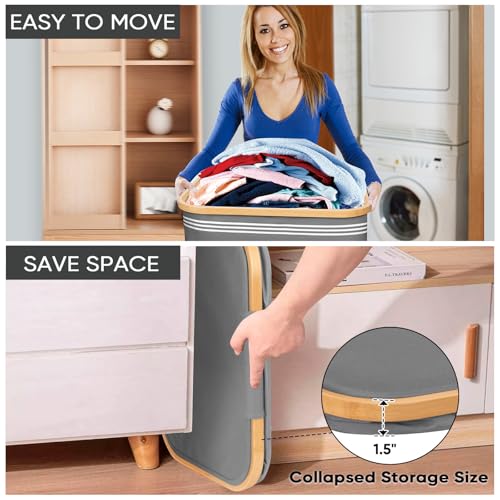 BALEINE Laundry Hamper with Lid, Tall Laundry Baskets with Bamboo Pull Handles, Large Laundry Bin with Internal Support (18 Gal/70L, Grey Pinstripe) by BALEINE - Image 5