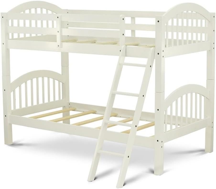 East West Furniture VEB-05-T Attractive Bunk Two Separate Real Wood Beds Ladder with Four Steps and Guard Rails-Twin/ Twin Size Bed & Linen, Linen White Finish