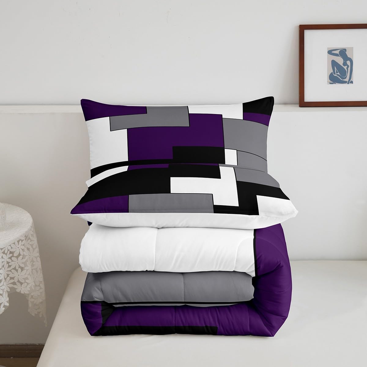 Grey Purple White Black Bedding Set,Square Comforter Set Queen,Young Man Geometric Stripes Lines Down Comforter for Kids Boys Girls Bedroom Decor,Modern Style Quilted Duvet with 2 Pillowcases