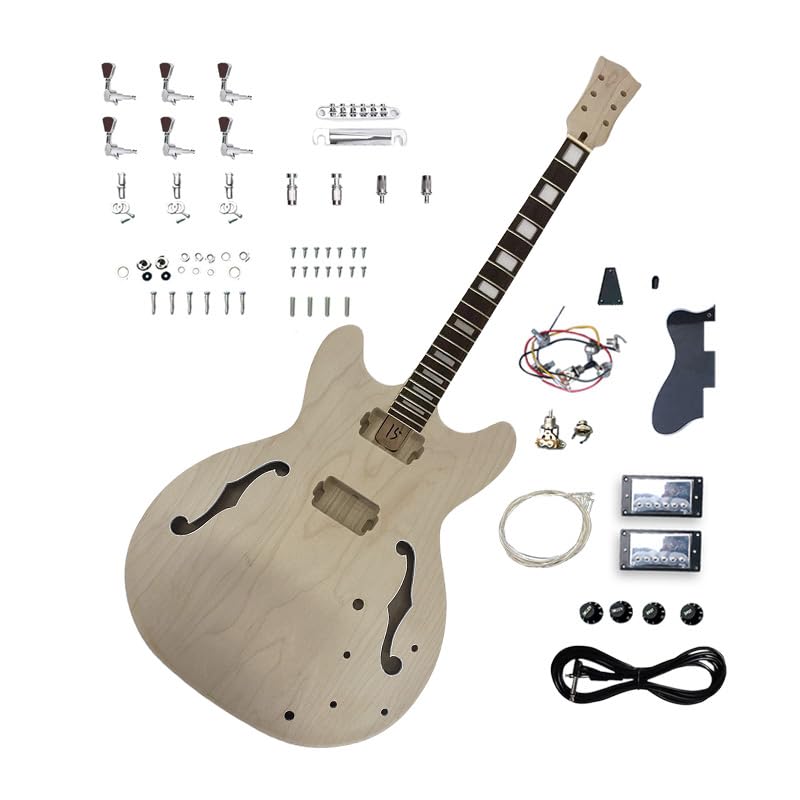 Foyarinal DIY Electric Guitar Kit ES 335 Style - 22 Fret 24.75 Inch Rosewood Fretbaord with Binding Set in Heel Solid Wood Body with Hardware for Build Guitars