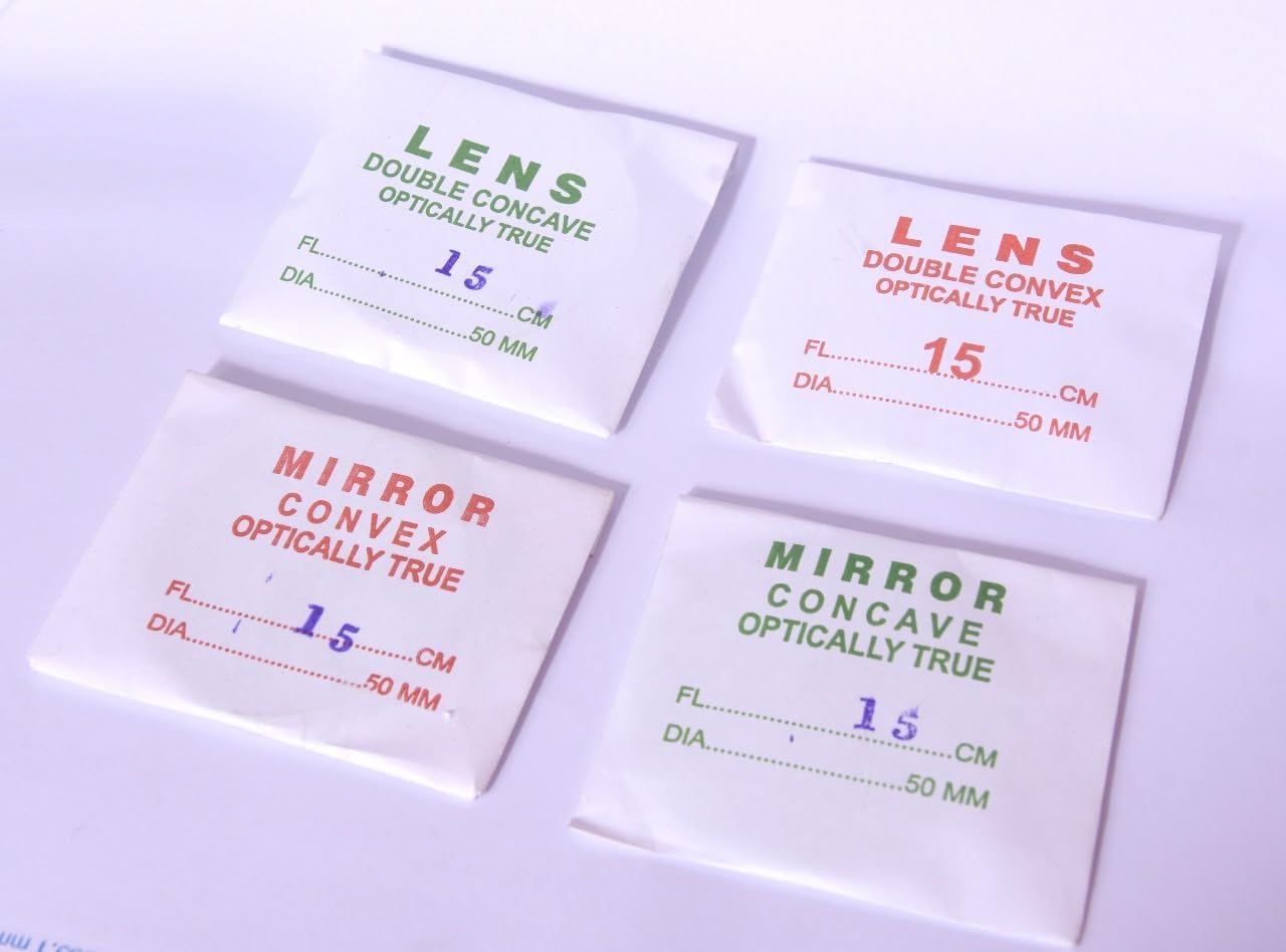 Optic Lens Set Double Concave Convex Lens & Concave Mirror Convex Mirror Light and Ray Optics Science lab Apparatus for Physics lab Equipment Set of 4 Dia 50mm Focal Length 15cm-image-9
