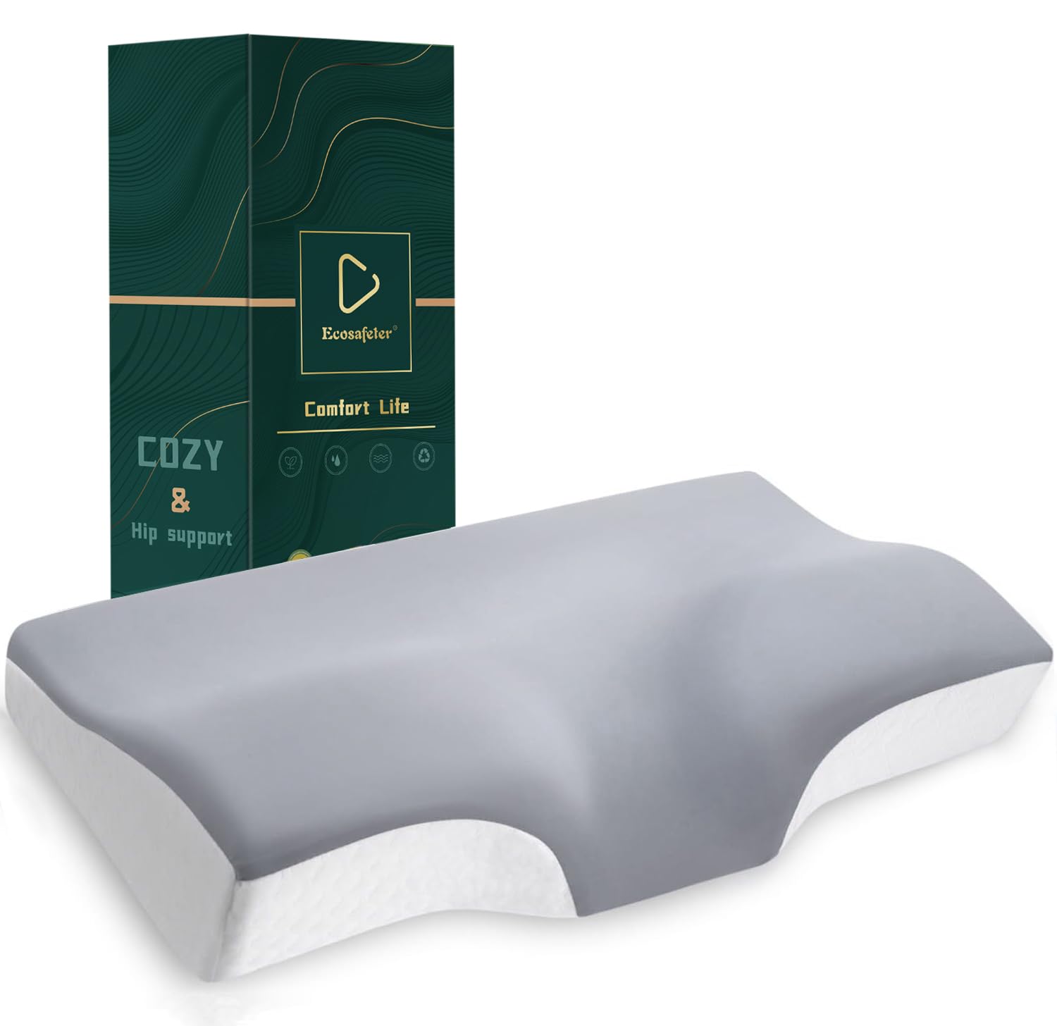 Ecosafeter Memory Foam Kopfkissen - Ergonomisches Nackenstützkissen für Seitenschläfer & Rückenschläfer - Orthopädisches Design zur optimalen Wirbelsäulenausrichtung mit Bambus-Bezug(Grau)