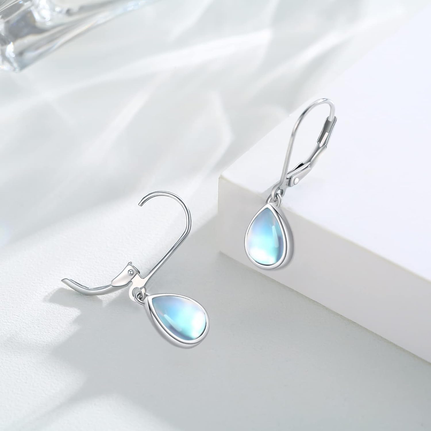 Sterling Silver Dangle Earrings Moonstone/Opal/Turquoise/Moss Agate/Feather/Compass Leverback Earrings for Women Lady - Image 2