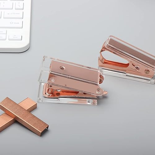 Miniatura 7 de NatSumeBasics Juego de mini grapadora y removedor de grapas de oro amarillo, grapadora manual metálica acrílica con grapas y lindo kit de removedor