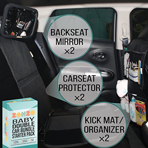 Zohzo Double Baby Car Bundle - Car Seat Protector Cover, Baby Car Mirror, Kick Mat Organizer for Baby Shower, New Infants, and Rear Facing Car Seats
