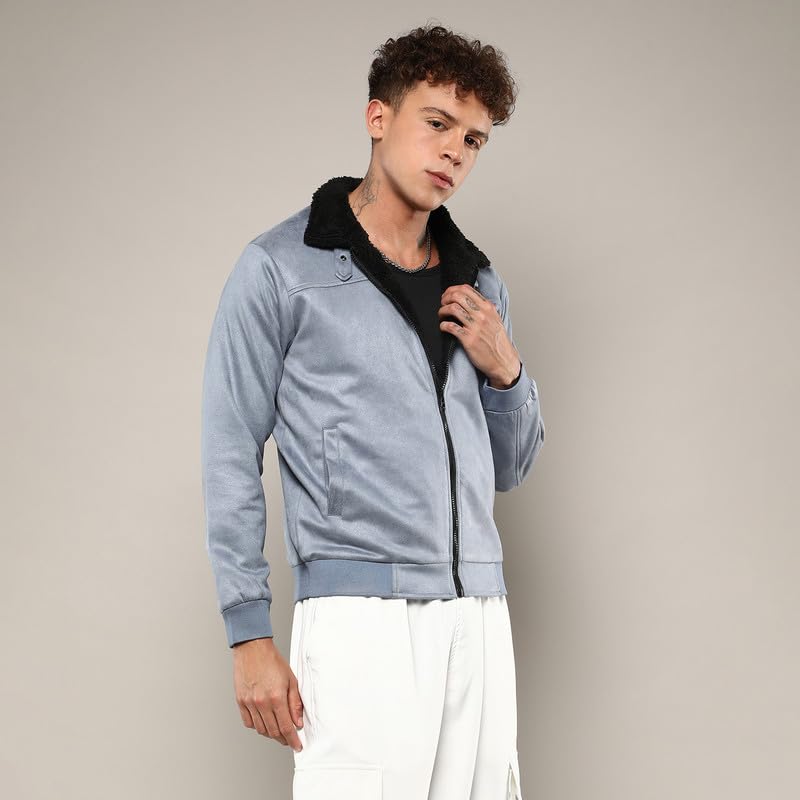 Image of Campus Sutra Men's Grey Zip-Front Jacket With Fleece Detail For Casual Wear | High Neck | Long Sleeve | Zipper Closure | Suede Jacket Crafted With Comfort Fit For Everyday Wear